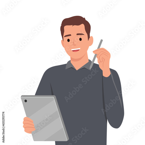 Young man relax on couch at home using tablet look in distance dreaming thinking holding pen. Flat vector illustration isolated on white background