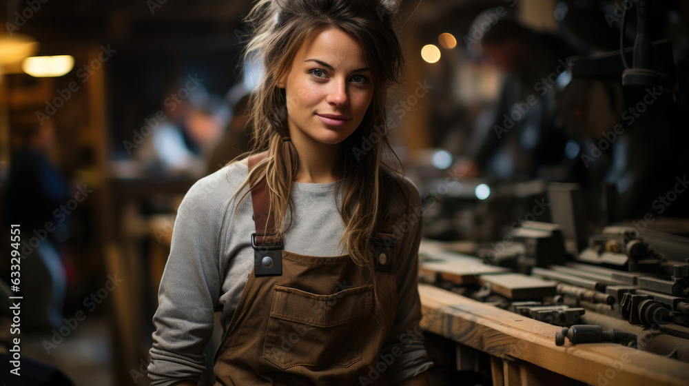A skilled carpenter in a dusted apron showcases her craftsmanship amidst a backdrop of woodworking tools.