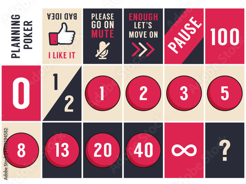 Colorful Illustration of the Agile Planning Poker Estimation Cards. Scrum master, meeting, communication. Vector. IT software development concept.