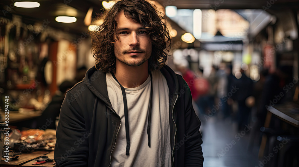 A skateboarder in a skater tee stands in a bustling city skateboard shop, with skateboards and skate gear creating an urban, cool backdrop.