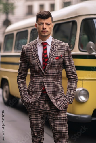 A fashionable man with Eastern European roots and a retro-modern look, wearing a checkered suit and Chelsea boots, adjusting his tie.