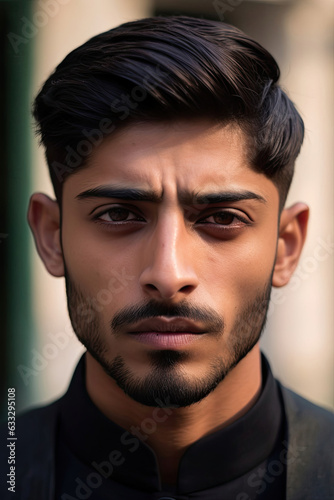 A close-up of a South Asian man exuding cool confidence with a sleek, side-parted haircut.