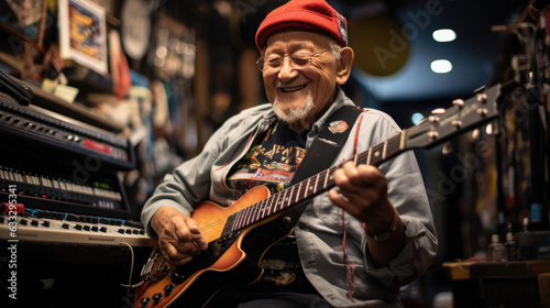An elderly shopkeeper in a band tee stands beside a guitar, surrounded by fading records and music instruments, creating a melodic blur.