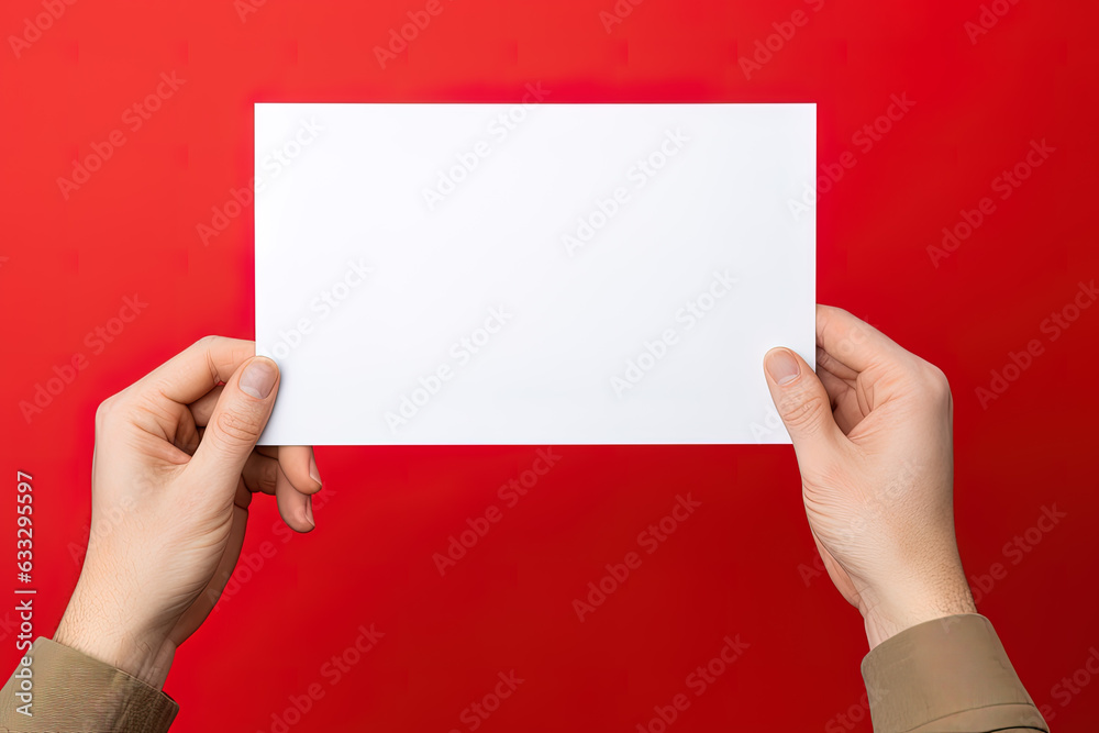 A human hand holding a blank sheet of white paper or card isolated on red background A human hand holding a blank sheet of white paper or card isolated on red background