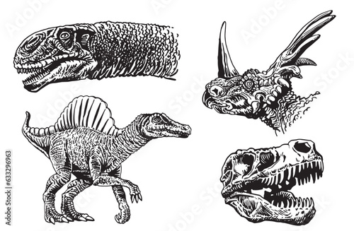 Graphical set of dinosaurs isolated on white background,vector illustration for tattoo and printing