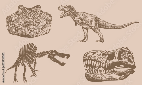 Graphical set of dinosaurs on sepia background,vector  vintage  illustration for tattoo and printing