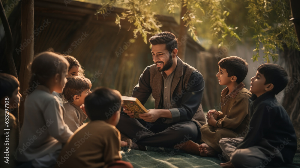 Fototapeta premium Male Islamic teacher sitting teaching children under the tree