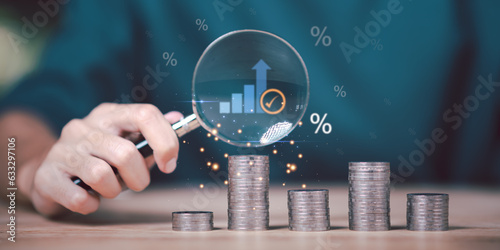 concept of finance and investment ,profit growth management ,financial graphical and statistical analysis ,Stock and currency fund management ,bank interest management ,high return investment.