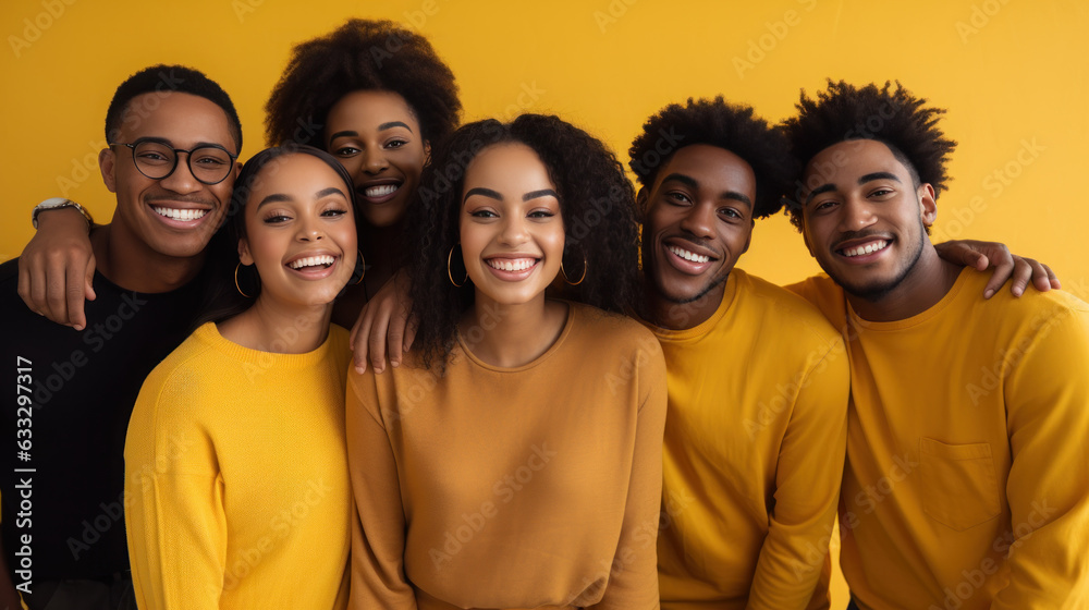 Fototapeta premium portrait of group young black people smiling wearing yellow shirt on the yellow pastel background