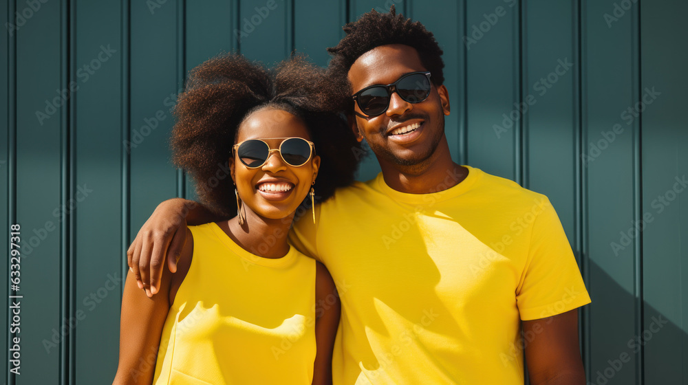 portrait of group young black people smiling wearing yellow shirt on the yellow pastel background