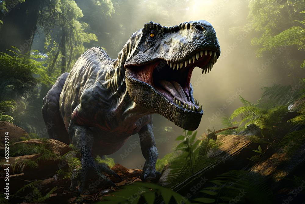 Obraz premium Tyrannosaurus rex in the forest. Generative Ai