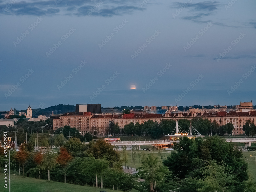 Vilnius, Lithuania - 07 30 2023: General view of the White Bridge and houses on the Neris embankment in the center of Vilnius