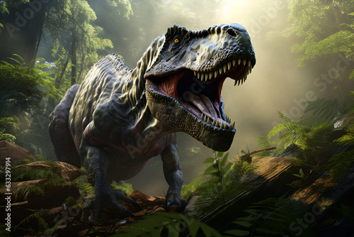 Tyrannosaurus rex in the forest. Generative Ai