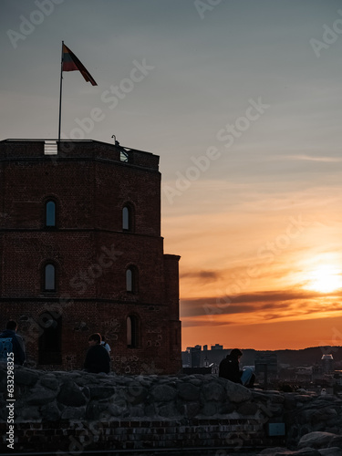 Vilnius, Lithuania - 07 30 2023: Gediminas Tower silhouette at sunset