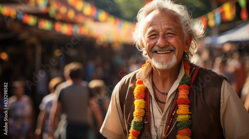 A colorful waistcoat-clad elderly ticket seller stands proudly amidst a lively community fair, with the fair rides and attendees creating a festive and exciting backdrop.