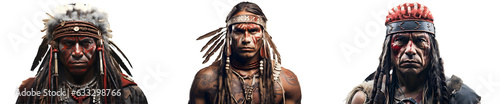 Portrait of tribal Indian warrior set, native American tribe man, collection ancient civilization male isolated on transparent white background © Art Gallery