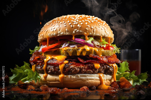 Tasty cheese burger on dark background