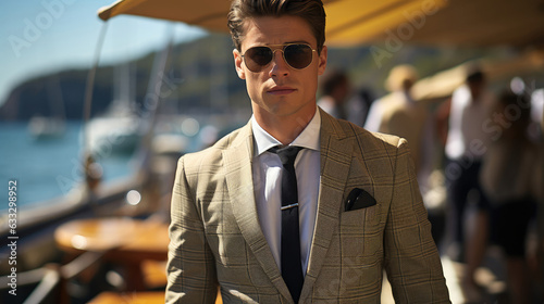 A stylish young man strikes a pose by a luxurious yacht, showcasing his nautical-themed suit against a picturesque seascape. © GraphicsRF
