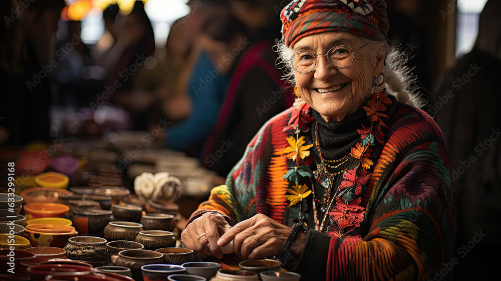 An elderly artisan in a hand-knit poncho stands amidst a vibrant arts and crafts fair, blending into a creative backdrop of pottery and colorful attendees.