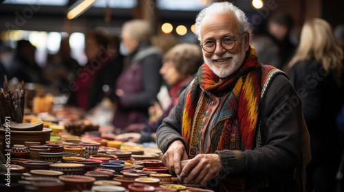 An elderly artisan in a hand-knit poncho stands amidst a vibrant arts and crafts fair, blending into a creative backdrop of pottery and colorful attendees.