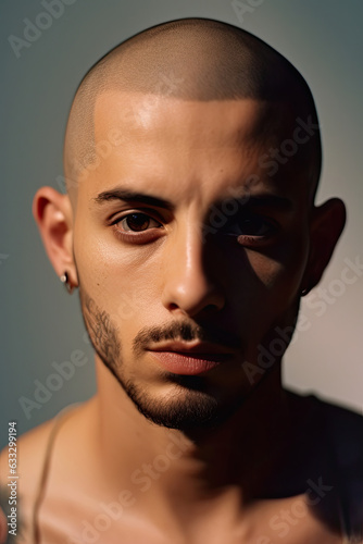 A pensive Hispanic man with a classic buzz cut, his eyes focused off-camera.