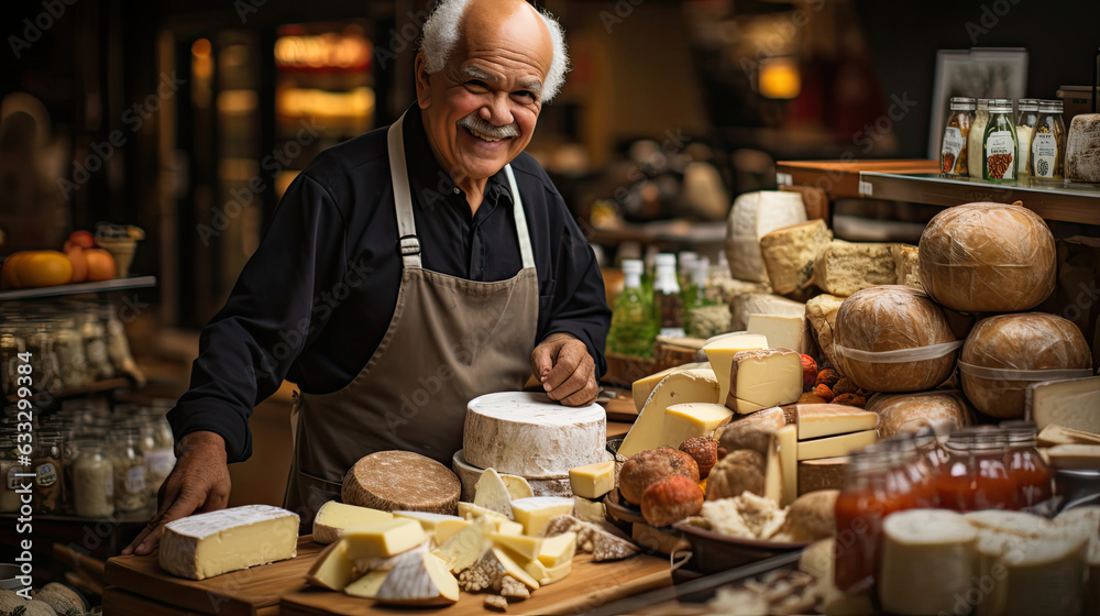 A cheese enthusiast proudly stands amidst a gourmet backdrop of delicious dairy products at a bustling local cheese shop.