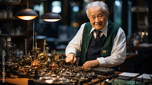 An elderly watchmaker showcases his expertise in a meticulously organized shop.