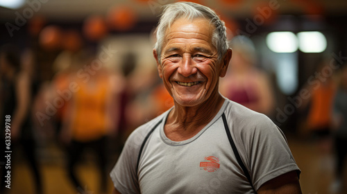 An energetic elderly fitness enthusiast stands in a sporty outfit, surrounded by a backdrop of fitness equipment and active class participants.
