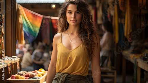 A proud craft seller in a boho-chic outfit stands amidst a colorful haze of handmade crafts and artisan products at a vibrant local market.