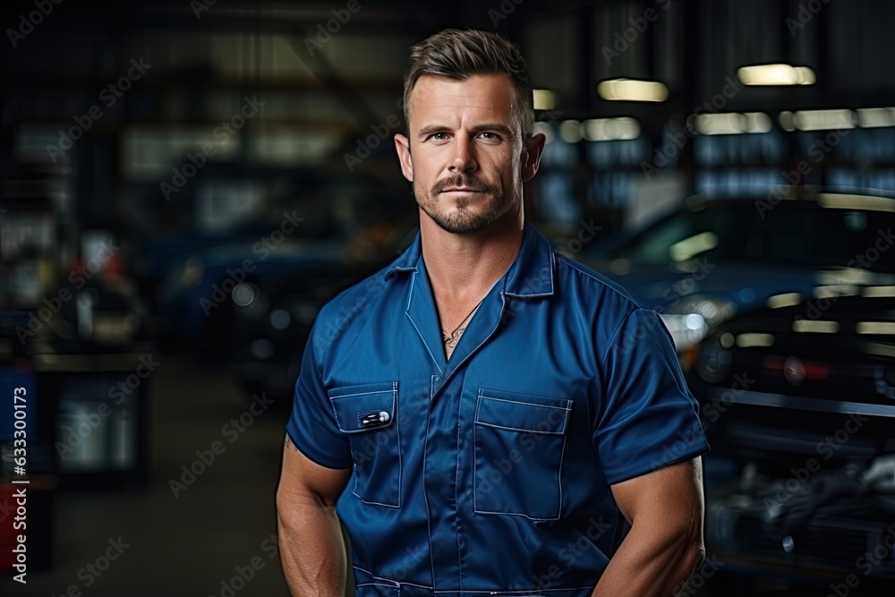 Technician, male auto mechanic in coverall in modern auto repair shop, garage Technician, male auto mechanic in coverall in modern auto repair shop, garage