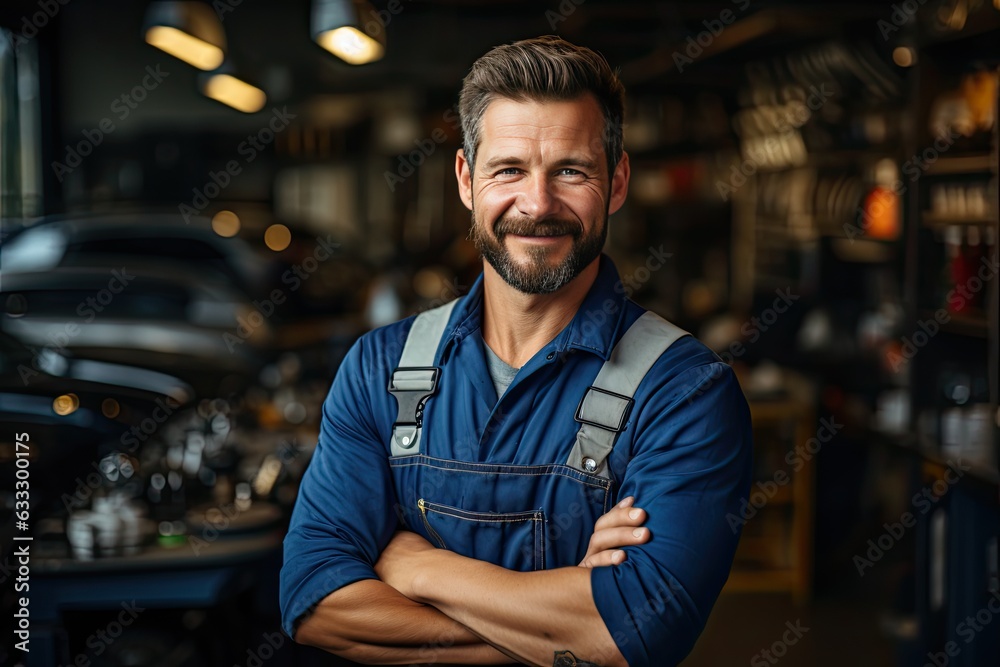 Technician, male auto mechanic in coverall in modern auto repair shop, garage Technician, male auto mechanic in coverall in modern auto repair shop, garage