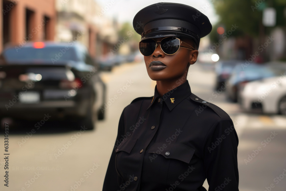 Confident African American Female Security Guard in Sleek Black Uniform