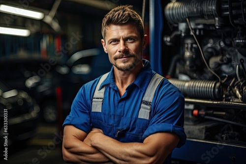 Technician, male auto mechanic in coverall in modern auto repair shop, garage