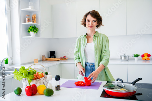 Portrait of nice positive food blogger lady hold knife cut paprika pepper slices salad recipe apartment kitchen inside