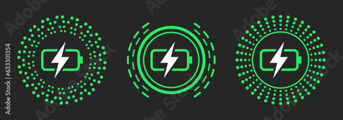 Wireless charging variations of icons. Wireless charging icon concept. Charging icons set of three for web and animation. Charging Battery Energy symbol in green color. Vector illustration.