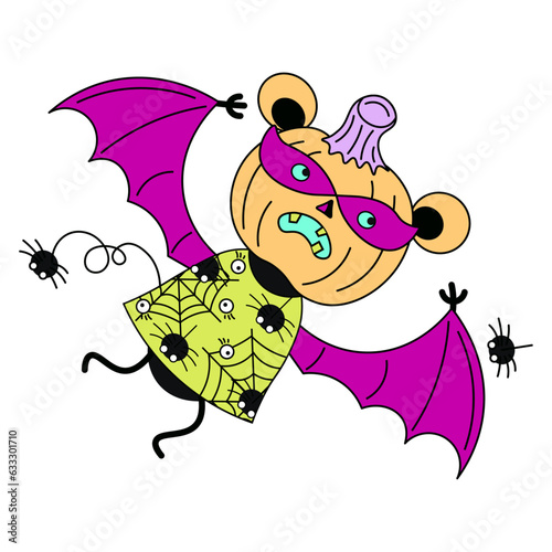 Flying halloween bat with pumpkin head. Cartoon monster with wings for autumn holiday party card
