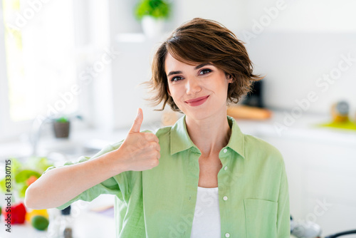 Free Download Portrait of friendly pretty positive girl hand finger demonstrate thumb up approval enjoy free time bright kitchen house indoors - GFXLoad