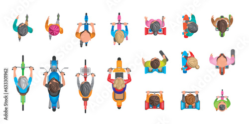 Top view of people walking, riding a bike, motorcycle, scooter, skateboard. Eco-friendly modes of transport. Individual transport. Isolated vector image.
