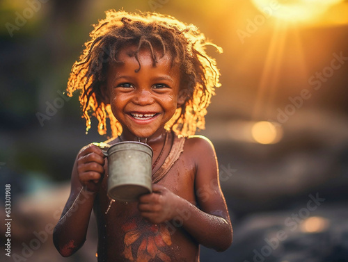 Fototapeta Contented african child with cup of water