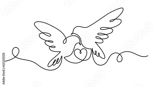 Pigeons with a heart one continuous line drawing. Bird symbol of peace, love and freedom in simple linear style. Valentine Day. Vector outline illustration for banner, brochure, poster, presentation