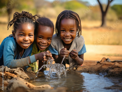 happy children play in stream of water.