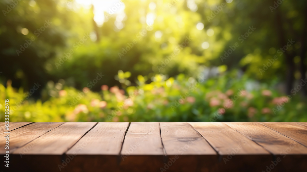 Empty wooden product display table top with blurred garden background nature scene podium Empty wooden product display table top with blurred garden background nature scene podium