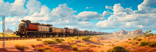 cargo train traversing through different landscapes, passing borders and crossing continents, embodying the transcontinental nature of trade. photo