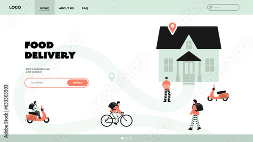Food delivery home page. Food delivery characters illustration, food delivery driver, food delivery service.
