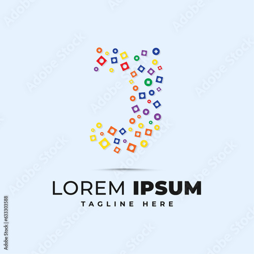 Colorful j-letter logo template with polka dot circle and square shape pixel