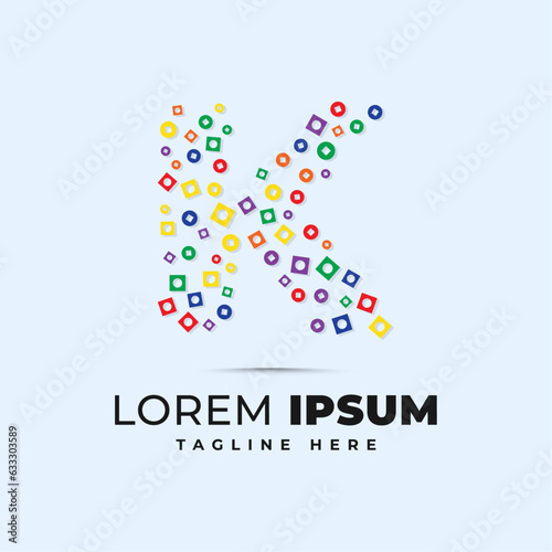 Colorful k letter logo template with polka dot circle and square shape pixel