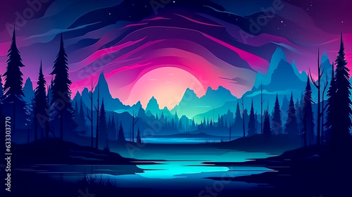 Northern lights in the forest in the mountains, generative AI.