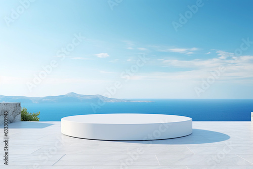 White marble product display podium with costal sea view in background