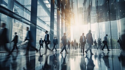 Blurred group of busy business people moving through a corporate office space