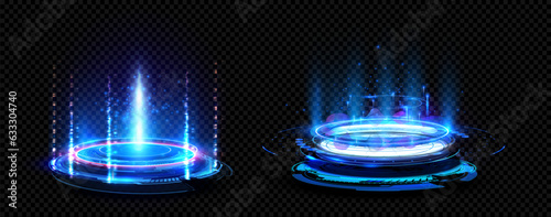 Futuristic hologram portal, magic teleport or level up effect. Glowing neon circle with light sparkles for game. Magic or cyberpunk hologram port with flare and light circle portal, podium. Vector